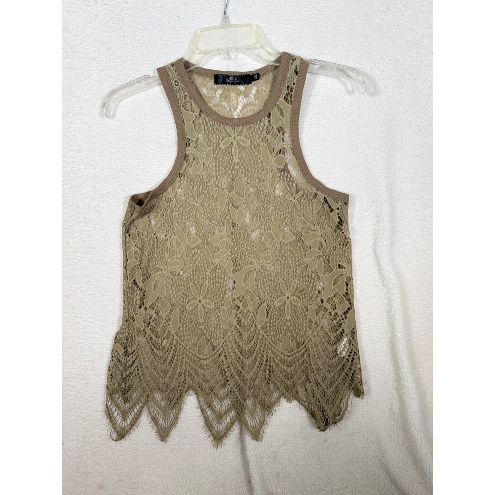 BKE Boutique Womens XS Floral Lace Tank Top Olive Green Sheer Sharkbite Hem Boho